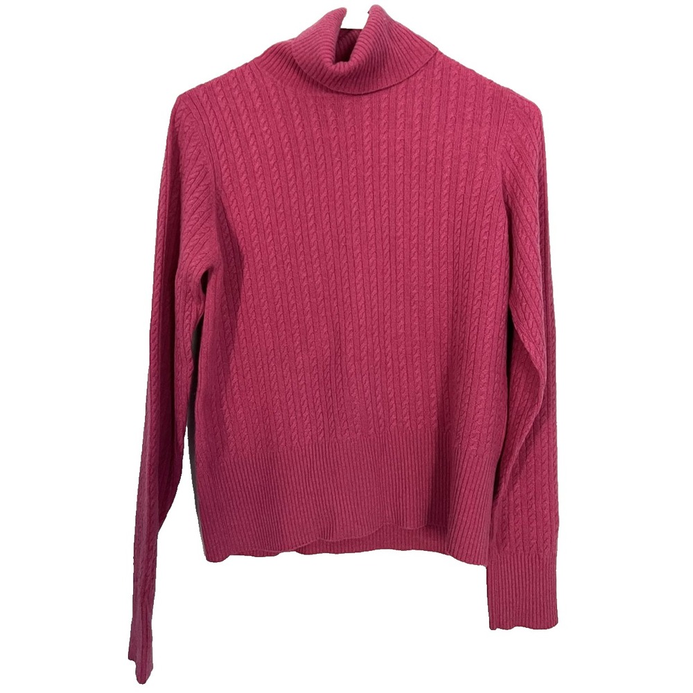Pure Cashmere Sweater Womens Large Pink Cable Knit Pullover Turtleneck Soft Warm